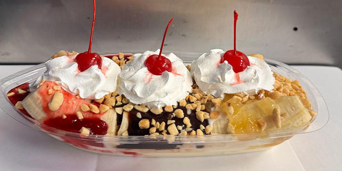 Banana split available from West Bend Creamery